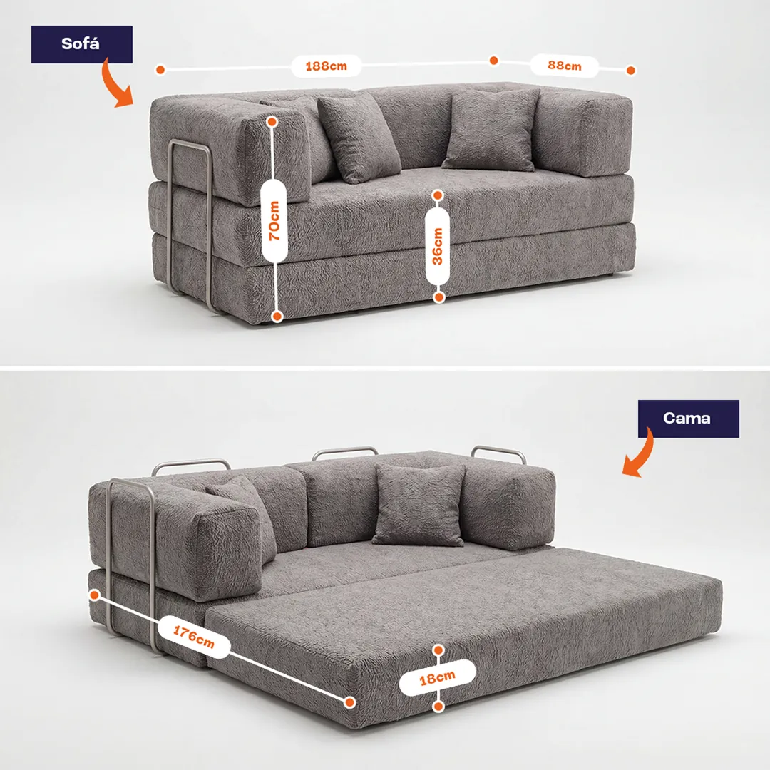 Sofá Cama Bloom 3 Lugares Tecido Bouclé - Sofá na Caixa | Vira cama em 1 segundo, montagem sem ferramentas — Bouclé Cinza