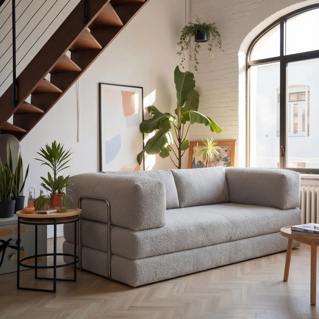 Sofá Cama Bloom 3 Lugares Tecido Bouclé - Sofá na Caixa | Vira cama em 1 segundo, montagem sem ferramentas — Bouclé Cinza