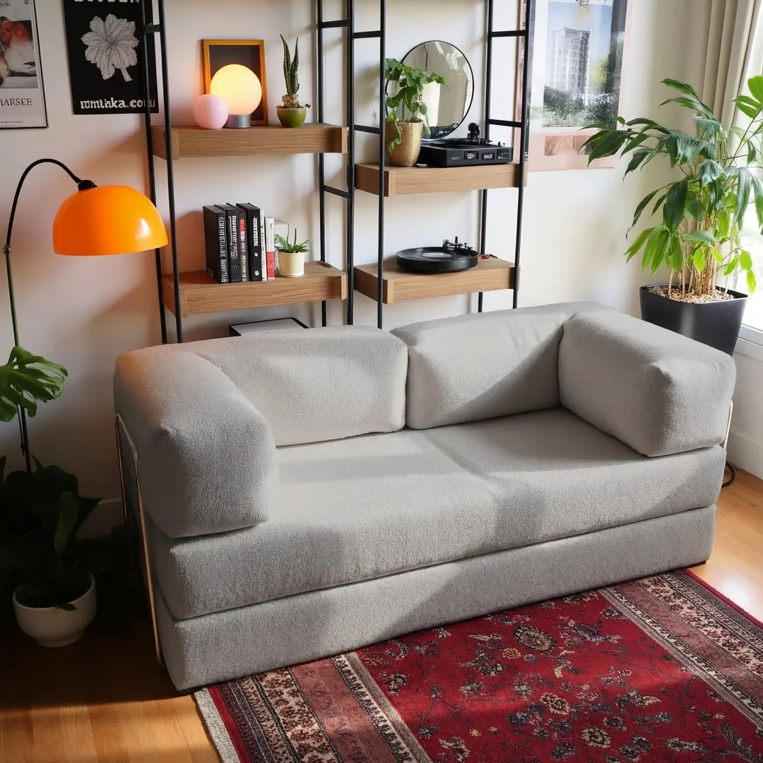 Sofá Cama Bloom 3 Lugares Tecido Bouclé - Sofá na Caixa | Vira cama em 1 segundo, montagem sem ferramentas — Bouclé Cinza