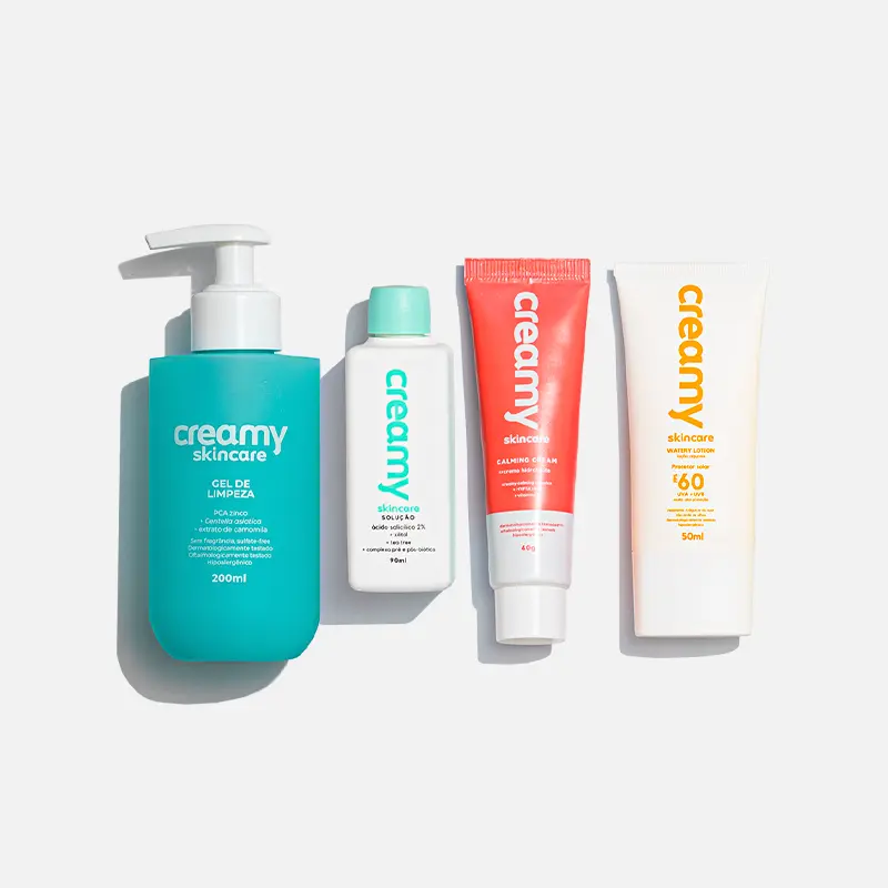 Kit Rotina Pele Oleosa Creamy - Gel de Limpeza, Tônico Antioleosidade Ácido Salicílico, Gel Creme Hidratante Calmante Calming Cream e Protetor Solar FPS 60