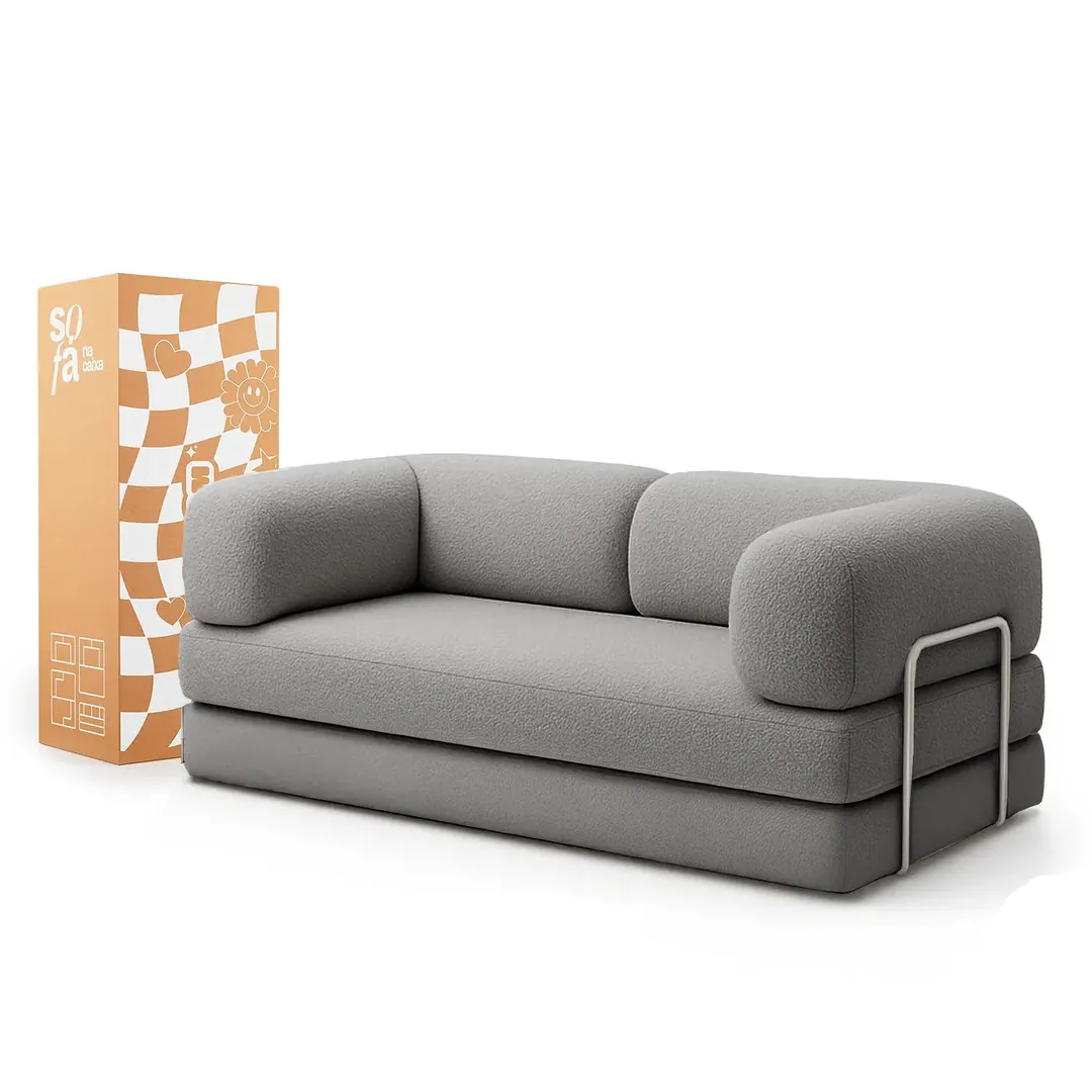 Sofá Cama Bloom 3 Lugares Tecido Bouclé - Sofá na Caixa | Vira cama em 1 segundo, montagem sem ferramentas — Bouclé Cinza